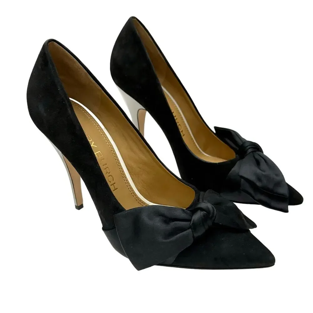 Tory Burch Bow Suede Pointed-Toe Pumps Black/White Shoes Heels 9M